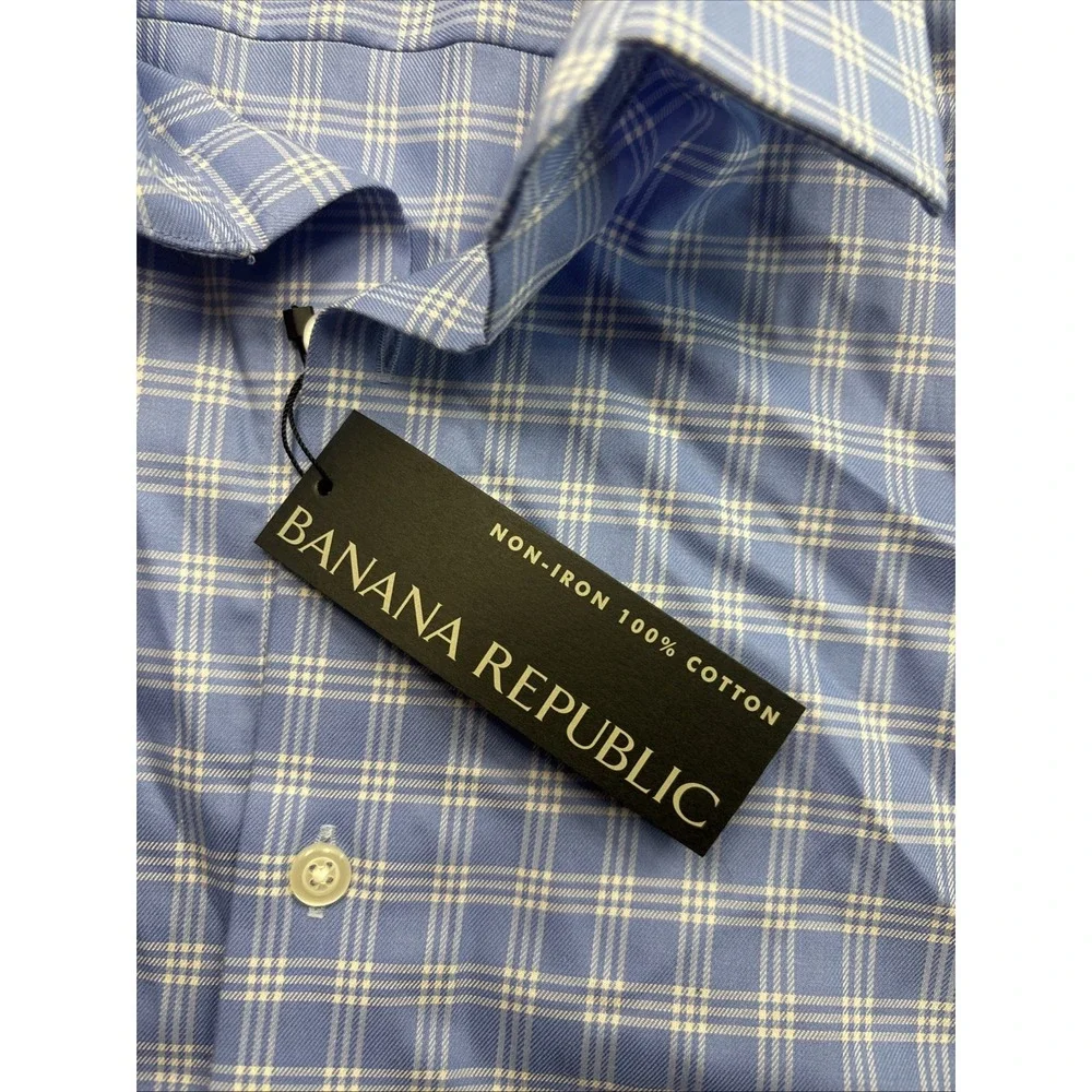 NWT Banana Republic Long Sleeve Button Up Shirt Men's Large Plaid Blue Cotton‎